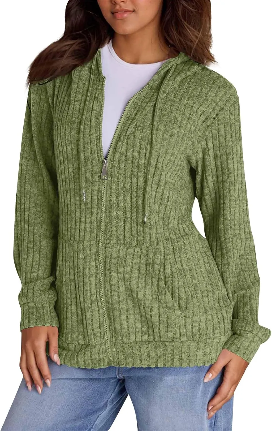 Zip Up Hoodie Women Oversized Sweaters Hoodies Casual Drawstring Lightweight Knit Workout Zip Up Jackets with Pockets