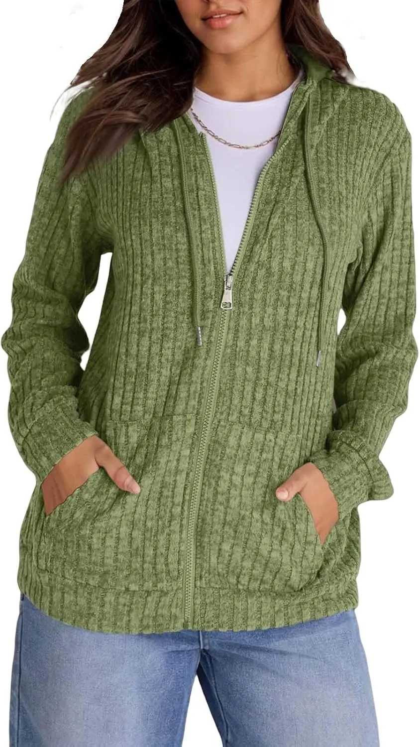 Zip Up Hoodie Women Oversized Sweaters Hoodies Casual Drawstring Lightweight Knit Workout Zip Up Jackets with Pockets