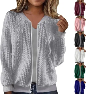 Zip Up Jackets for Women Lightweight Cable Knit Bomber Jacket Long Sleeve Jacquard Coatigan Casual Loose Outwear Coats
