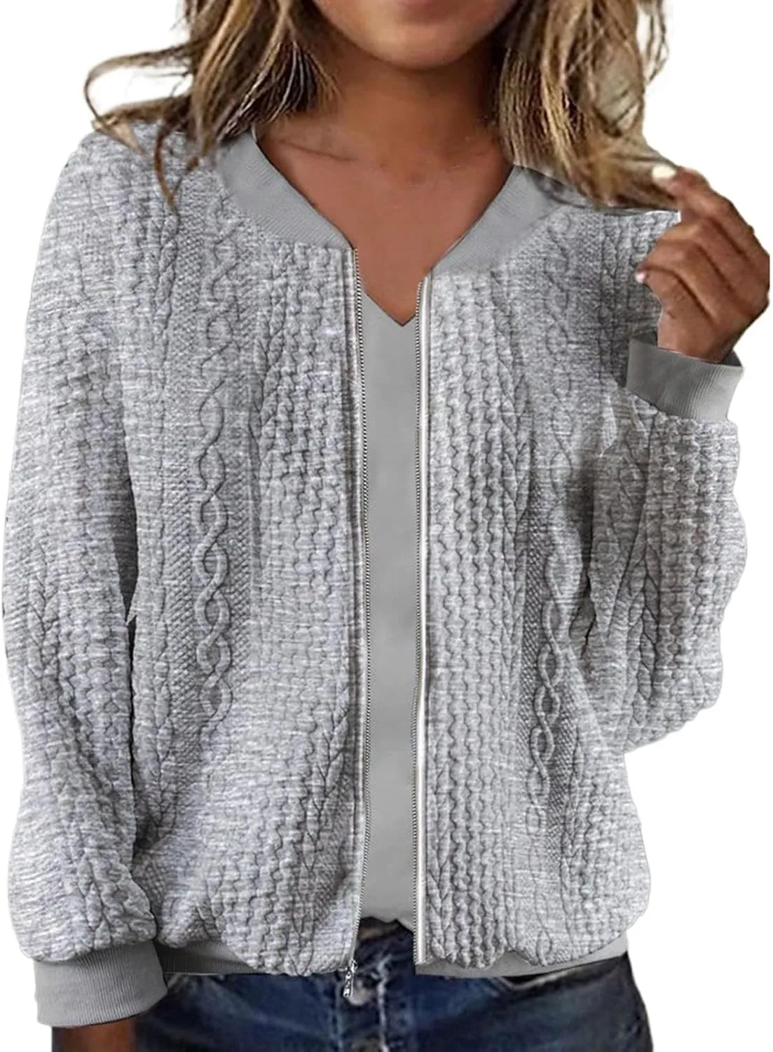 Zip Up Jackets for Women Lightweight Cable Knit Bomber Jacket Long Sleeve Jacquard Coatigan Casual Loose Outwear Coats