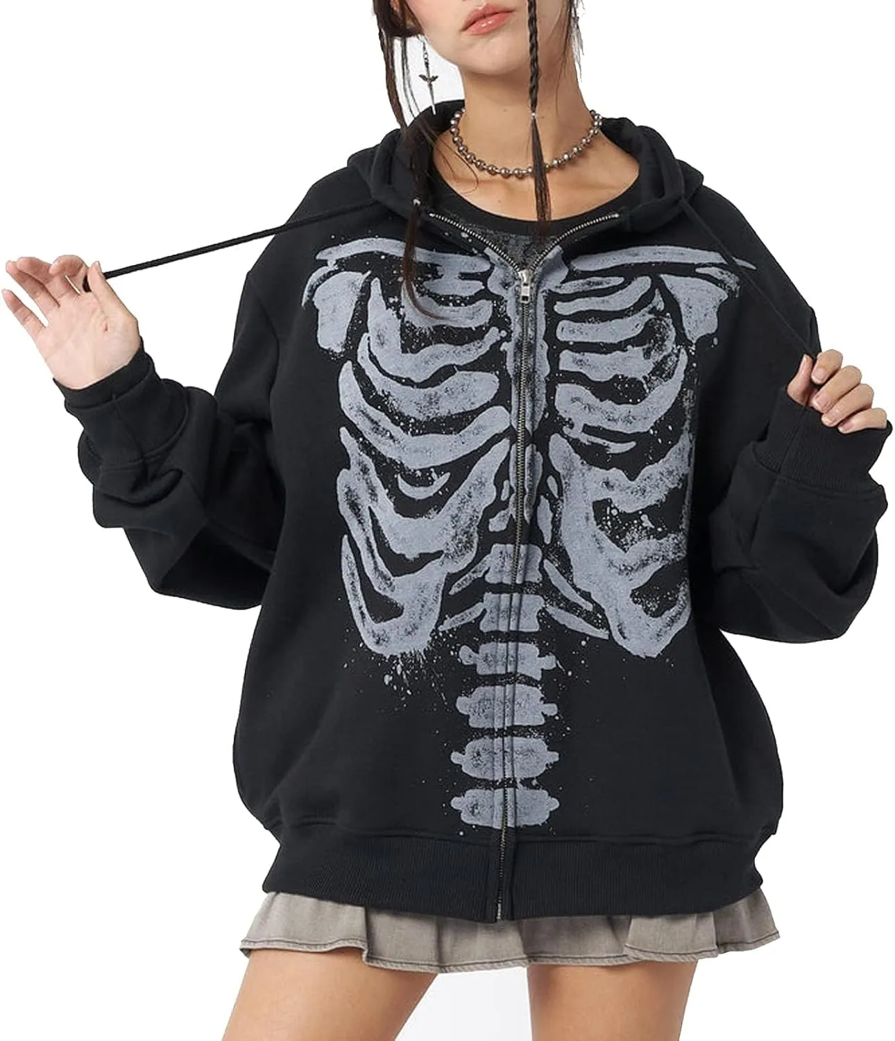 ZKXYFFS Womens Rhinestone Hoodies Y2k Gothic Punk Full Zip Up Over Hoodies Graphic Printed Sweatshirt Cute Oversized Jacket