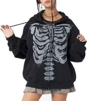 ZKXYFFS Womens Rhinestone Hoodies Y2k Gothic Punk Full Zip Up Over Hoodies Graphic Printed Sweatshirt Cute Oversized Jacket