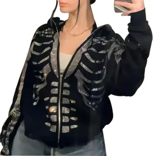 ZKXYFFS Womens Rhinestone Hoodies Y2k Gothic Punk Full Zip Up Over Hoodies Graphic Printed Sweatshirt Cute Oversized Jacket
