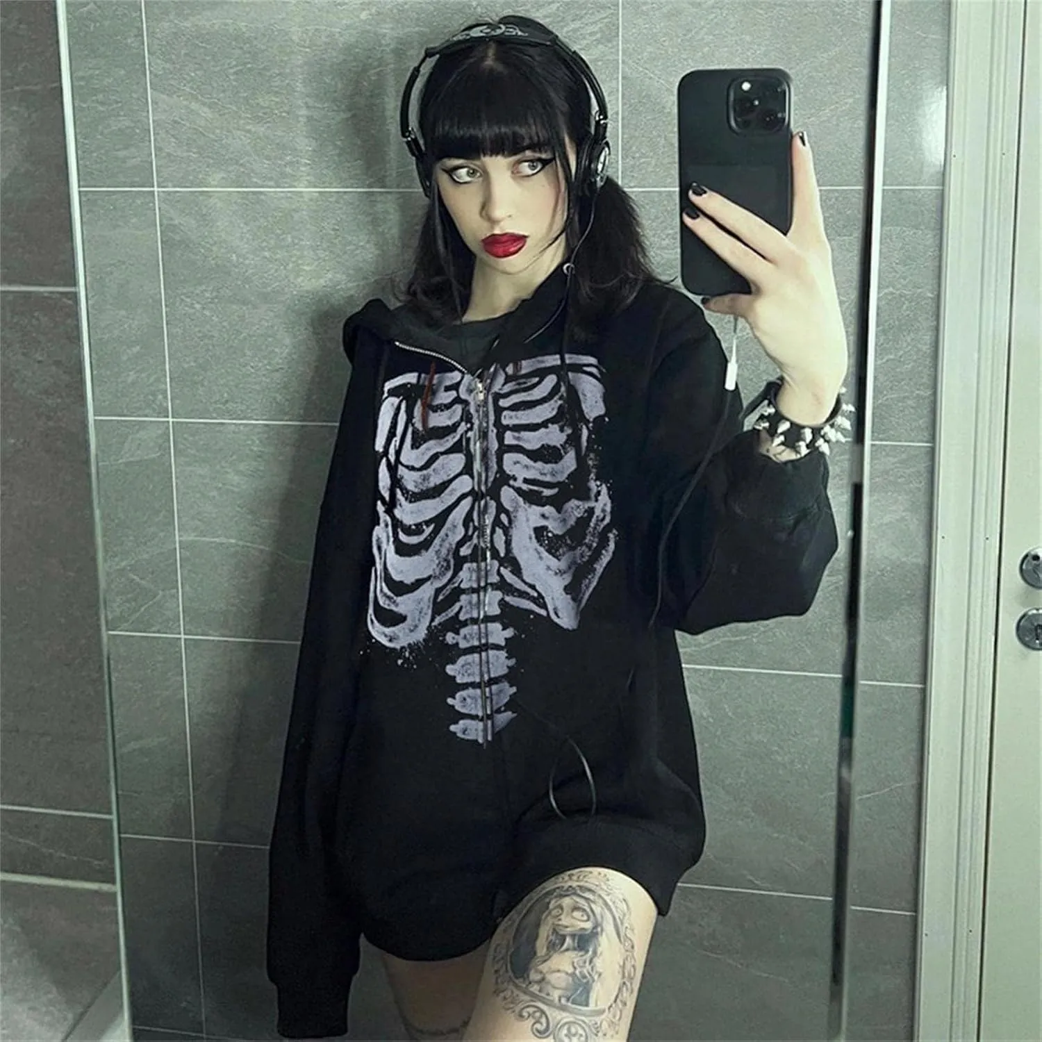 ZKXYFFS Womens Rhinestone Hoodies Y2k Gothic Punk Full Zip Up Over Hoodies Graphic Printed Sweatshirt Cute Oversized Jacket